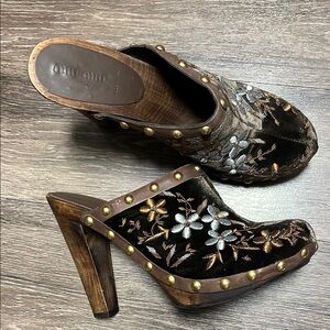 Miu Miu Women's Embroidered Brown Heeled Mules